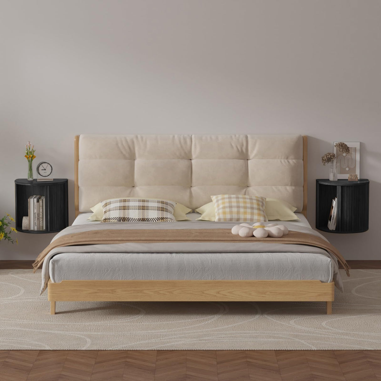 Floating Curved Nightstand Set of 2,Wooden Fluted Wall Mounted Small Bedside Table with Sliding Roller Shutter Door Storage,Suitable for Modern Small Space Bedroom(Floating nightstand-Black-06) Ktfhvgy