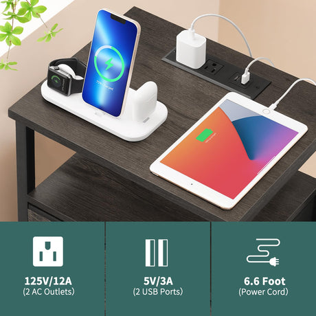 Yoobure Night Stand with Charging Station, 20 Colors LED Nightstand with USB Ports and Outlets, End Table with 3 Fabric Drawers and Storage Shelf, Bedside Tables Small Dresser for Small Space, Gray Yoobure
