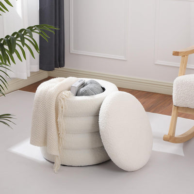 Dolift Modern Teddy Sherpa Foot Rest for Couch, Round Ottoman with Storage, Upholstered Foot Stools Ottoman, Vanity Chair for Makeup Room Bedroom Living Room (White)