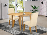 East West Furniture NDBA3-OAK-02 Norden 3 Piece Modern Dining Set Contains a Rectangle Wooden Table with Dropleaf and 2 Light Beige Linen Fabric Upholstered Chairs, 30x48 Inch, Oak East West Furniture