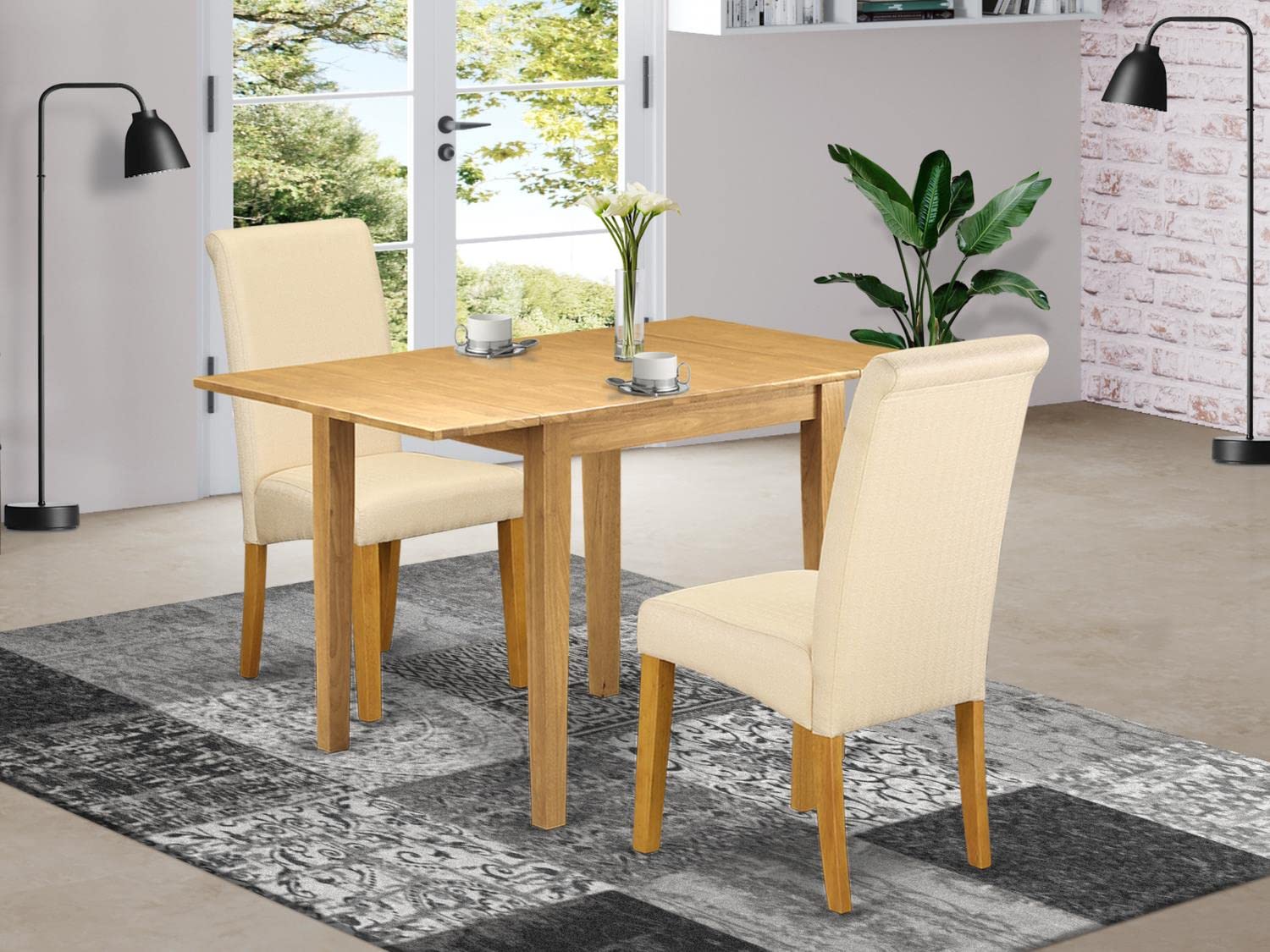 East West Furniture NDBA3-OAK-02 Norden 3 Piece Modern Dining Set Contains a Rectangle Wooden Table with Dropleaf and 2 Light Beige Linen Fabric Upholstered Chairs, 30x48 Inch, Oak - WoodArtSupply