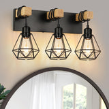 foucasal Farmhouse Bathroom Vanity Light Fixtures, 3-Light Bathroom Light Fixtures Over Mirror, Rustic Wood Sconces with Metal Cage Lampshade, Black Wall Lighting for Living Room, Bedroom, Hallway foucasal
