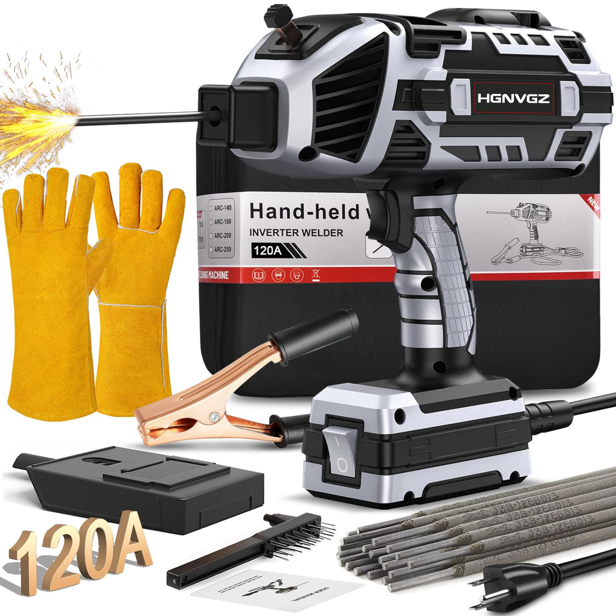 Welding Machine Handheld,20-120A 110V Portable Stick Welder 20pcs Rods,IGBT Hand Held Welder Machine withHot Start Arc Force Anti-stick ARC Welder Gun,6 Variable Current Adjustment (Grayish black) HGNVGZ