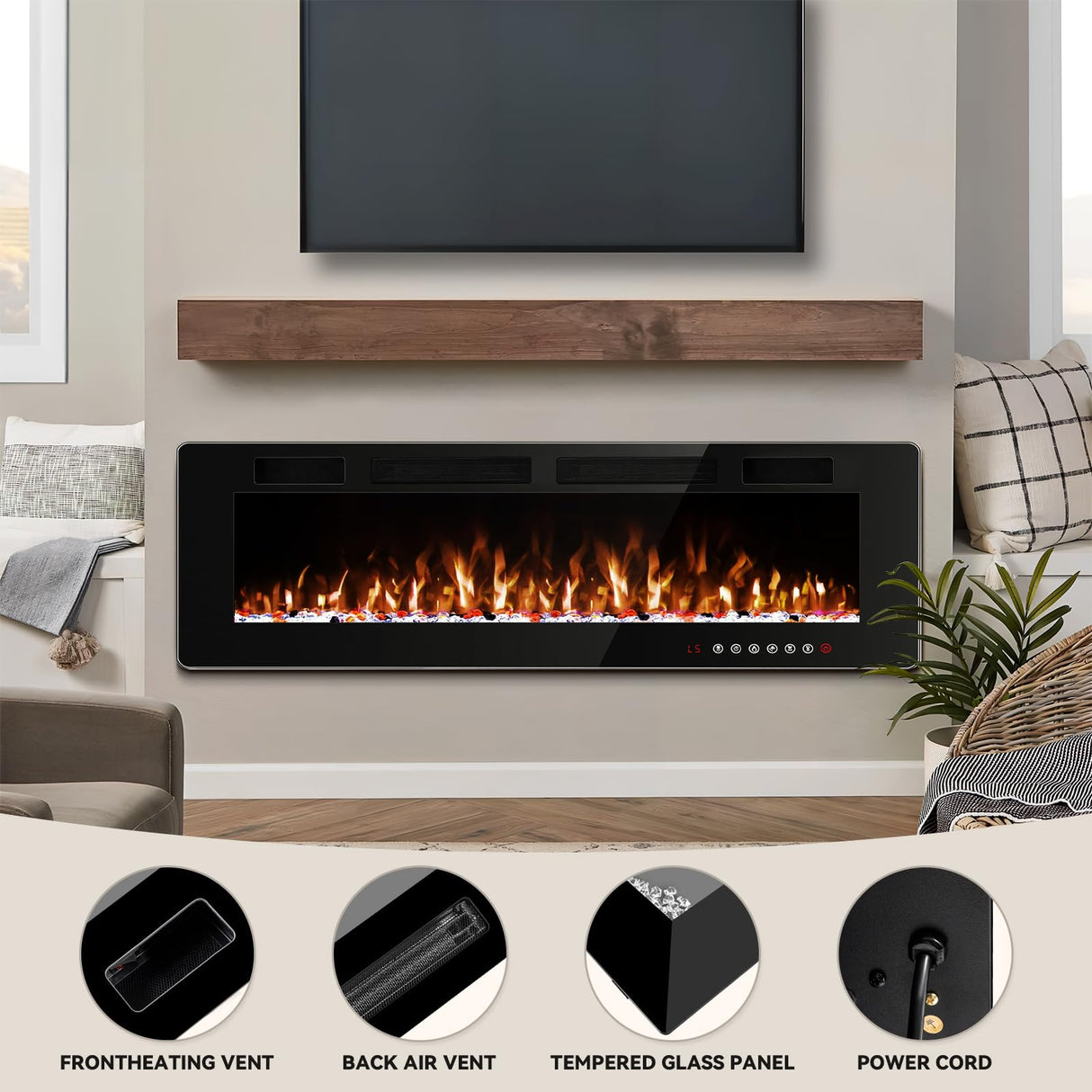Tornivk 72 Inch Electric Fireplace Inserts Ultra-Thin Freestanding 750/1500W Electric Fireplace Heater Wall Mounted or Recessed Fireplace Electric with Adjustable Multicolor Flame,Timer Tornivk