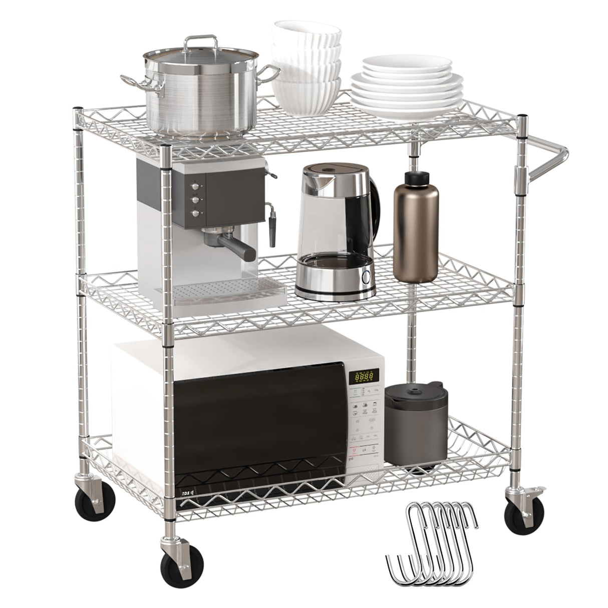 VEVOR Kitchen Utility Cart, 3 Tiers, Wire Rolling Cart with 661 LBS Capacity, Steel Service Cart on Wheels, Metal Storage Trolley with 80 mm Deep Basket Curved Handle 6 Hooks, NSF Listed VEVOR