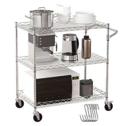 VEVOR Kitchen Utility Cart, 3 Tiers, Wire Rolling Cart with 661 LBS Capacity, Steel Service Cart on Wheels, Metal Storage Trolley with 80 mm Deep Basket Curved Handle 6 Hooks, NSF Listed