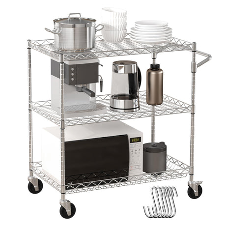 VEVOR Kitchen Utility Cart, 3 Tiers, Wire Rolling Cart with 661 LBS Capacity, Steel Service Cart on Wheels, Metal Storage Trolley with 80 mm Deep Basket Curved Handle 6 Hooks, NSF Listed VEVOR