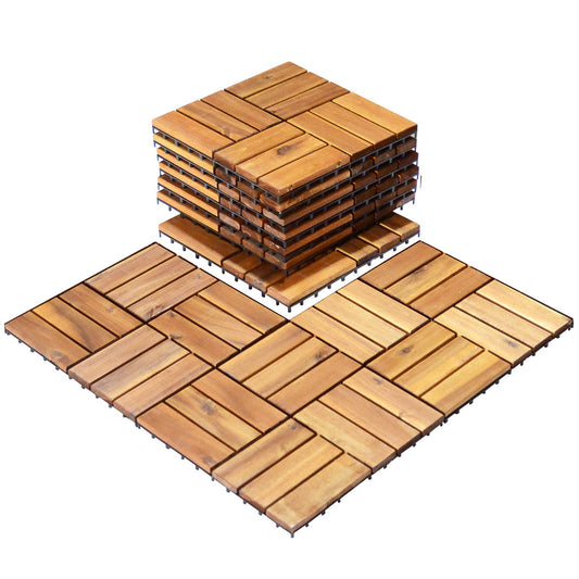 Giantex 10 PCS Interlocking Patio Deck Tiles, 12 x 12in Acacia Hardwood Outdoor Flooring Tiles, 10 sq.ft Wood Composite Deck Flooring Pavers for Outdoor Indoor, Tools Free Assembly, Checker Pattern