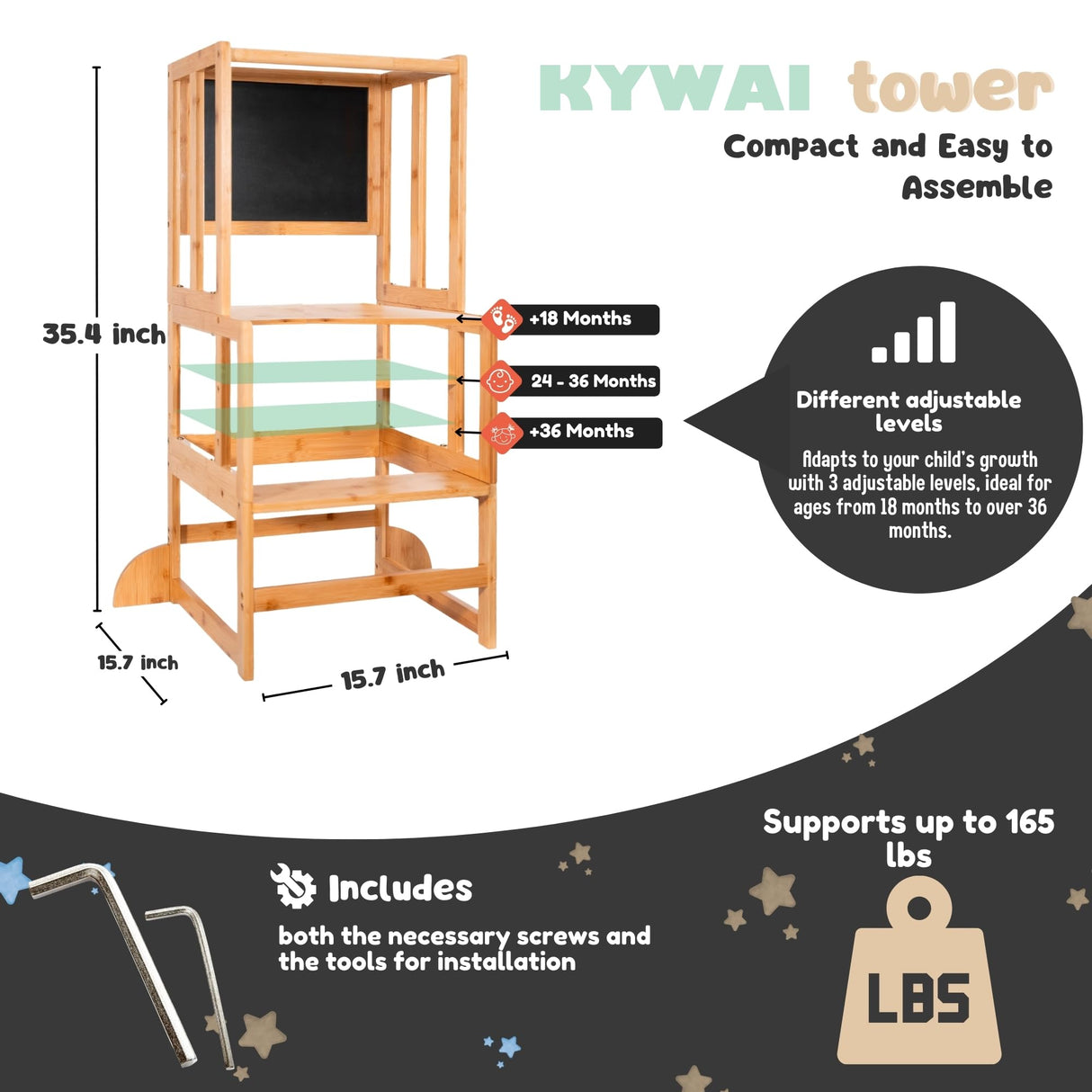 KYWAI® Toddler Tower with Chalkboard &Height Adjustable - Toddler Standing Tower - Toddler Kitchen Stool Helper - Kitchen Step Stool for Toddlers - Toddler Stool for Kitchen - Toddler Step Stool KYWAI