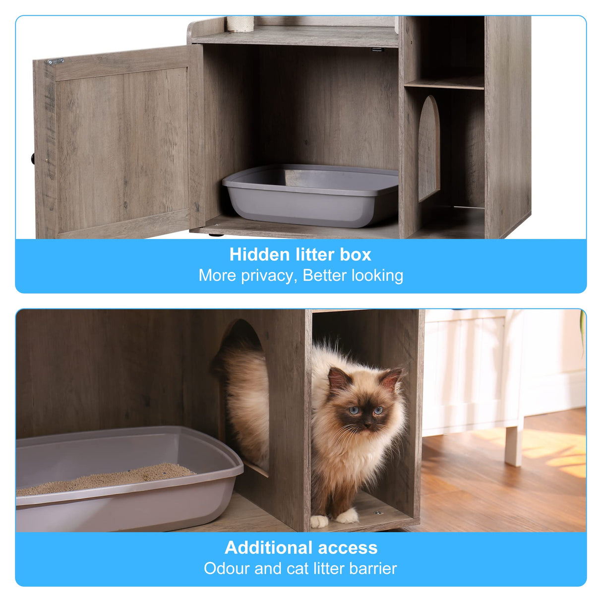 Hey-brother Cat Tree with XL Litter Box Enclosure, All-in-one Cat Tower for Indoor Cats with Large Hammock, Bed, Food Station, Scratching Posts, Modern Style Pet Furniture, Rustic Gray MPJ101SG Hey-brother