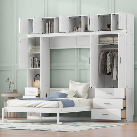 FAVSH Full Size Murphy Bed with Lockers & Wardrobes, Solid Wood Wall Bed with Drawers, Space-Saving Hidden Bed, Fold-The-Way Bed Included Installation Video,White FAVSH