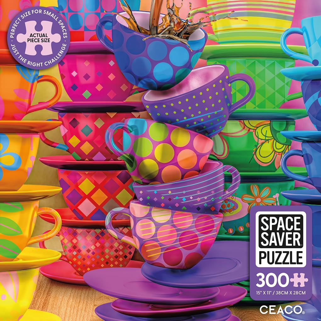 Ceaco – Rainbow Teacups - 300 Piece Jigsaw Space Saver Puzzle – Puzzles for Smaller Spaces and Surfaces