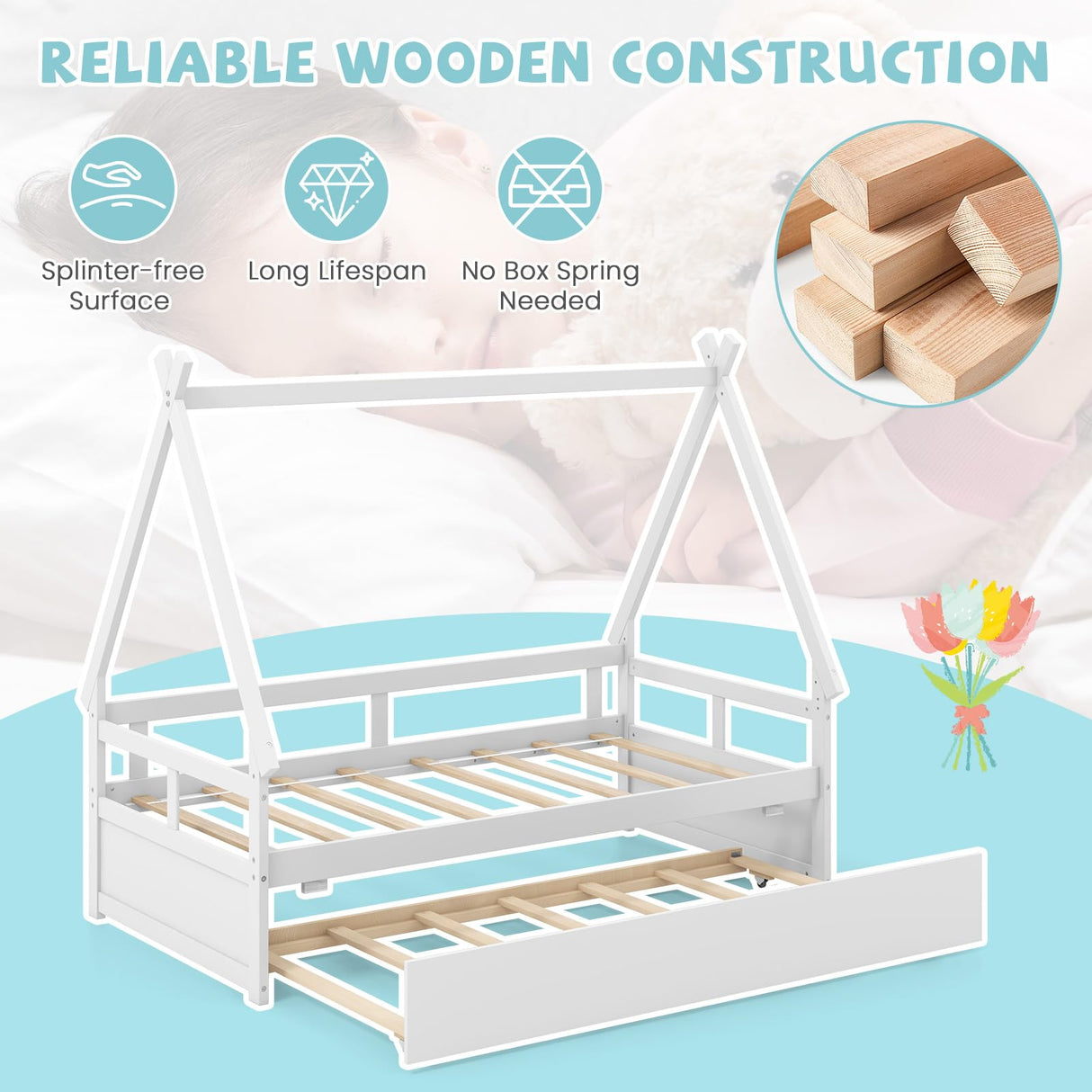 Giantex House Bed with Trundle Twin, Wood Montessori Bed Frame with Safety Guardrail, Low Kids Teepee Bed for Boys Girls Teens, No Box Spring Needed, White Giantex
