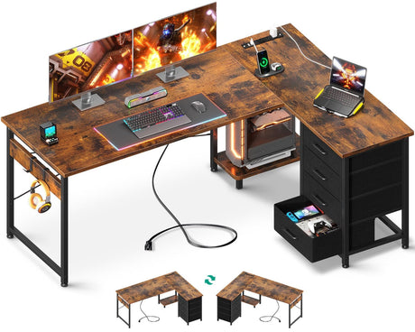 AODK L Shaped Desk with 4 Tier Drawers, 61" Reversible Gaming Desk with Power Outlets, L Shaped Computer Desk with USB Charging Port and Host Stand, Home Office Corner Desk, Easy to Assemble, Vintage AODK