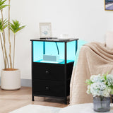 LOAKEKEL Night Stand Set 2, LED Nightstand with Charging Station, End Tables with Storage Shelf, Bedside Table with 2 Fabric Drawers for Bedroom, Small Spaces, Black, HETS02BK LOAKEKEL