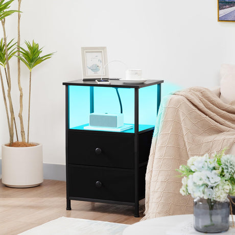 LOAKEKEL Night Stand Set 2, LED Nightstand with Charging Station, End Tables with Storage Shelf, Bedside Table with 2 Fabric Drawers for Bedroom, Small Spaces, Black, HETS02BK LOAKEKEL