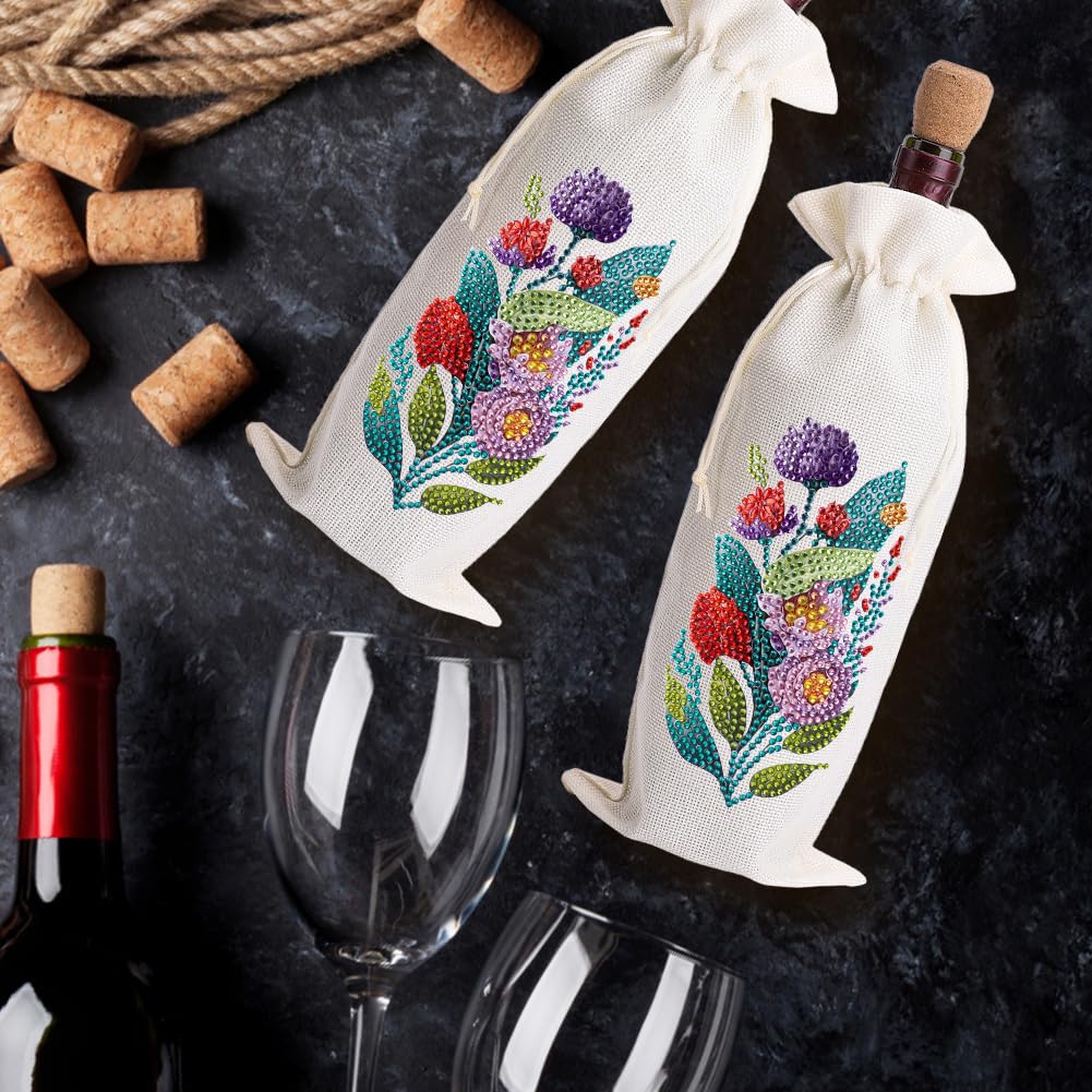 4 Pcs DIY Diamond Painting Art Kit Diamond Painting Wine Bag Kit Rhinestones Label Liquor Bottle Cover Gift for Wine Lover Women Men Christmas (Flower Birds) Generic