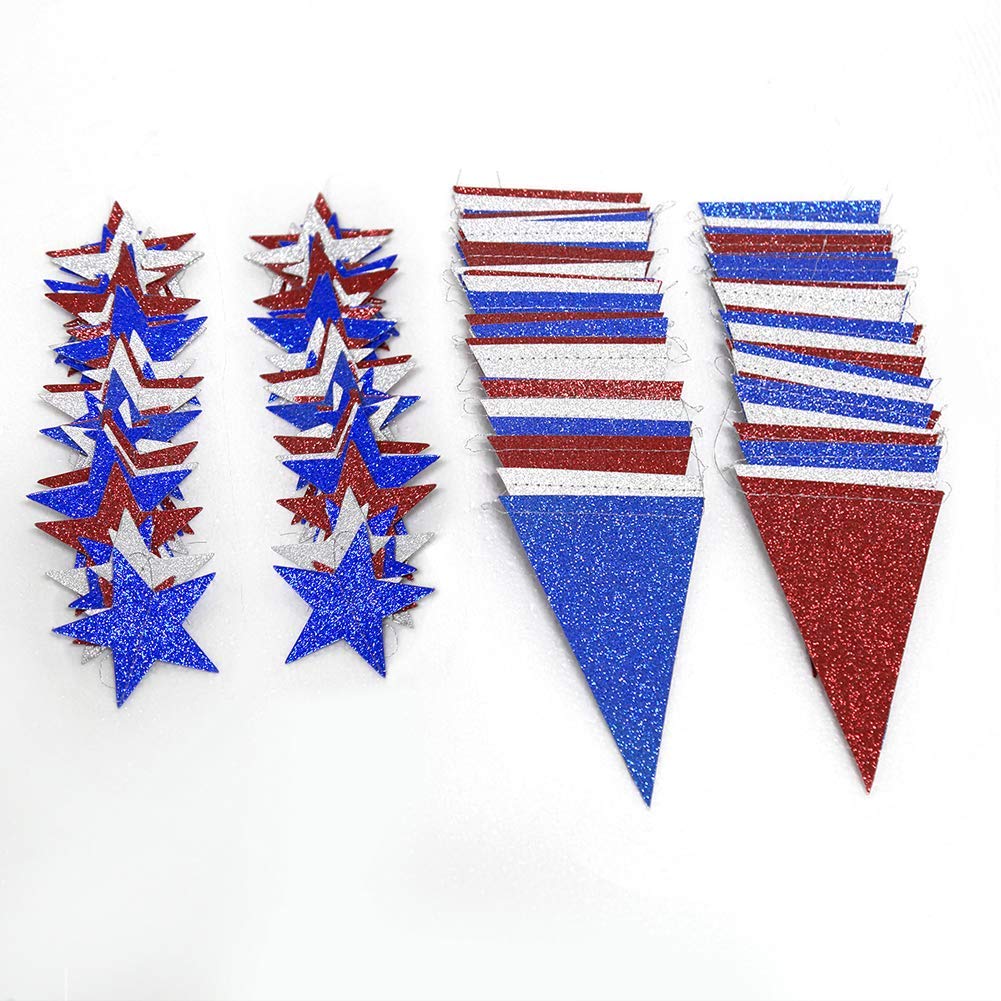 Decor365 Red Blue White/Silver Star Garland Triangle Pennant Banner Kit 4th/Fourth of July USA America Independent Day Celebration Decor Party Hanging Decoration for Bithday/Wedding/Home/Cavinal/Home Decor365
