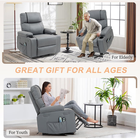 Power Lift Recliner Chair for Elderly, Electric Stand Assist Reclining Chair with Massage and Heat Function, Leather Living Room Furniture, Comfy Single Sofa with Cup Holders, Side Pockets, Gray BRTHORY