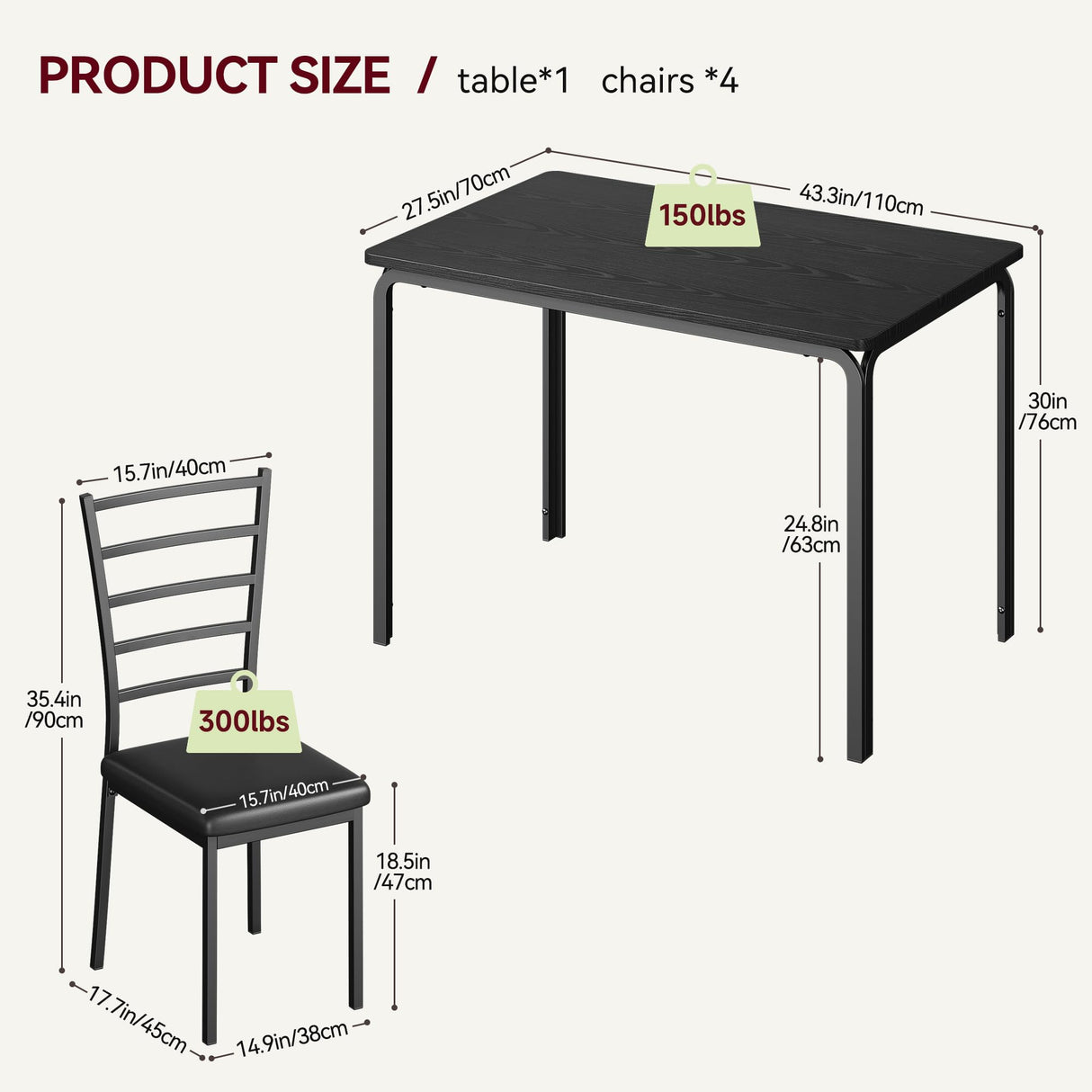 GarveeHome Kitchen Dining Room Table Chair Set for Small Space, Indoor Modern Dinette Set, Square Dinner Table Set for Dinette, Breakfast (Black, Dining Table with 4 Chairs) GarveeHome