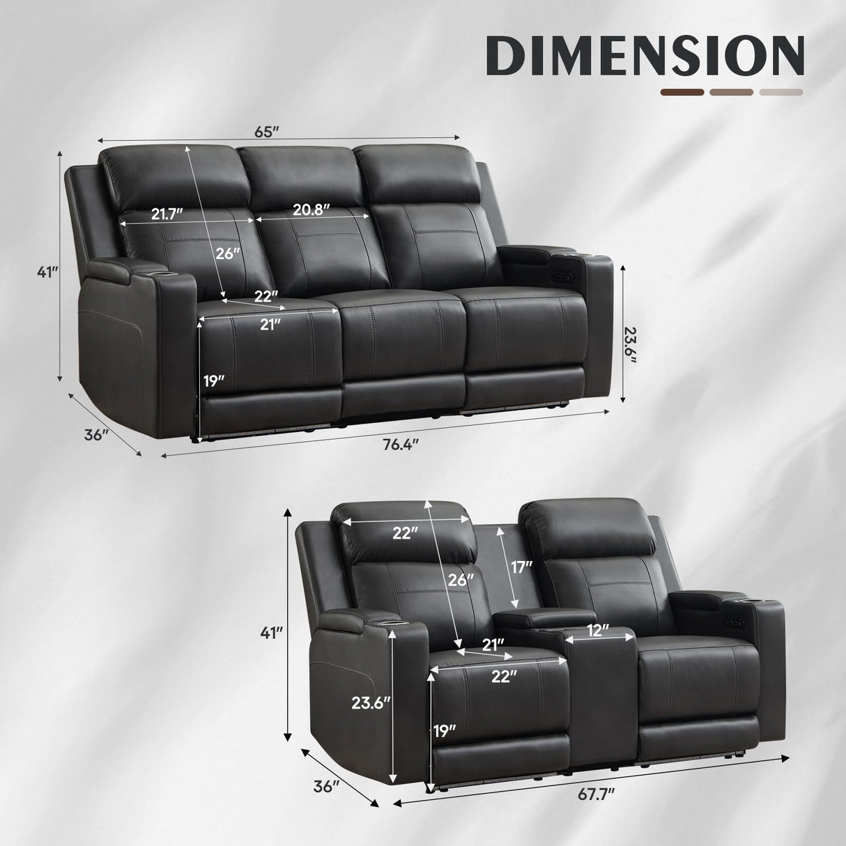 Netpane Breathable Leather Power Recliner Sofa Set with LED, Power Reclining Sofa and Loveseat Set with Adjustable Headrest/Wireless Charger/Storage Console for Living Room/HomeTheater (Grey&Black) Neptane