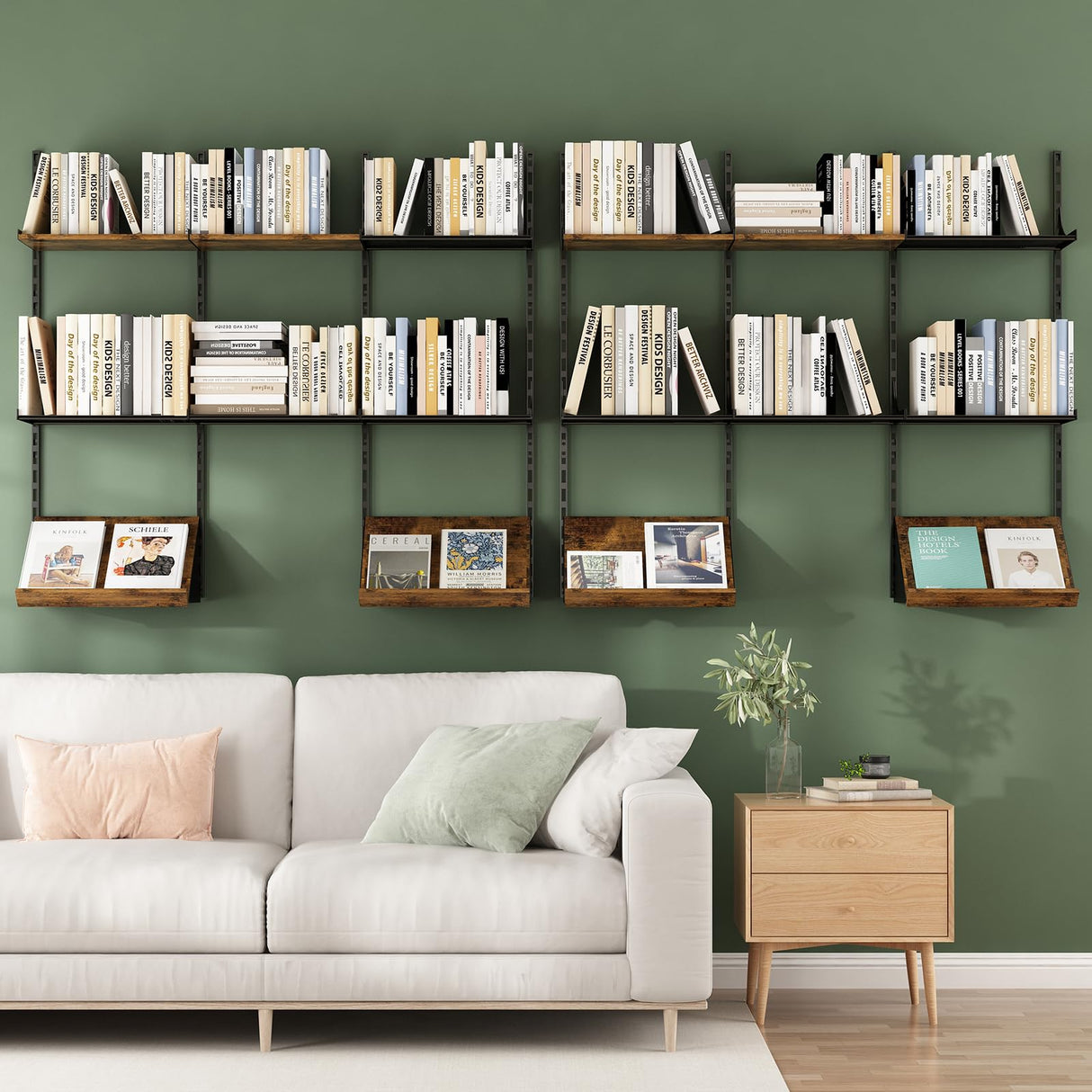 GILLAS Wall Mounted Floating Shelves, 8 Tier Wall Mounted Storage Shelves, Industrial Rustic Bookshelf with Adjustable Metal Brackets, Display Rack for Living Room, Bedroom, Kitchen, Home Office GILLAS