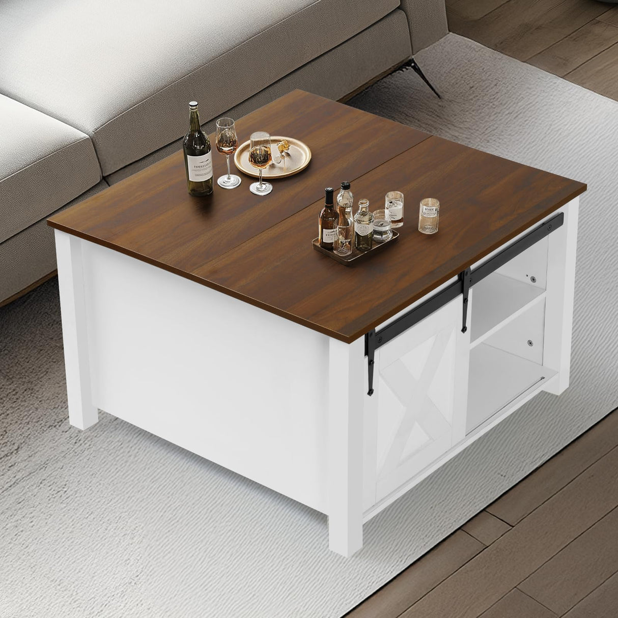 EDWINENE 31.5" Square Coffee Table, White Lift Top Coffee Table for Living Room, Morden Farmhouse Coffee Tables with Hidden Storage for Small Living Room, Bedroom EDWINENE