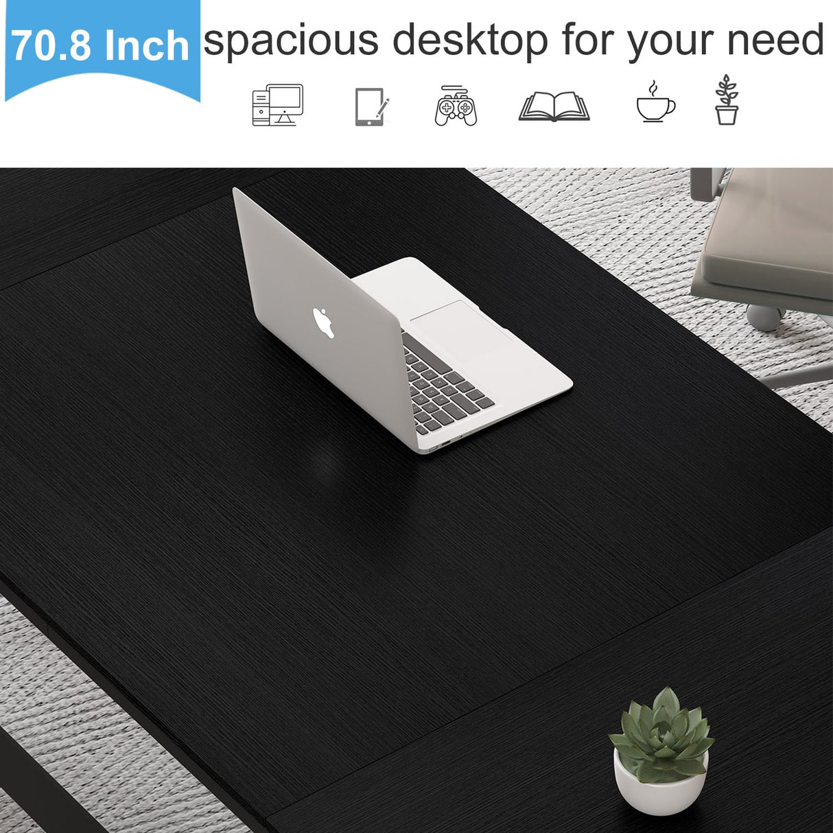 LVB Large Black Desk, 70.8” Long Computer Desk for Home Office, Modern Wide Executive Work Desk for Writing Study, Simple Wood Metal Computer Table Gaming Desk Workstation in Bedroom, Black Oak, 70 in LVB