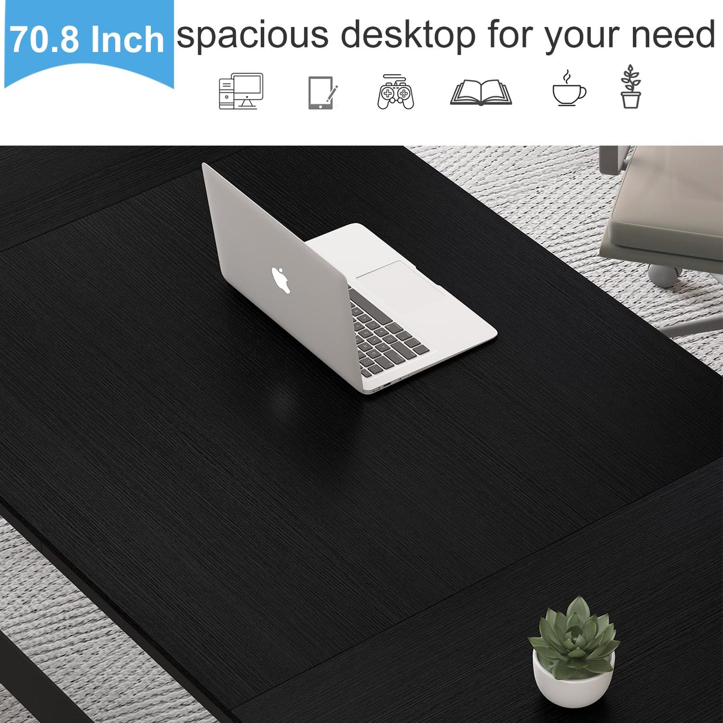 LVB Large Black Desk, 70.8” Long Computer Desk for Home Office, Modern Wide Executive Work Desk for Writing Study, Simple Wood Metal Computer Table Gaming Desk Workstation in Bedroom, Black O - WoodArtSupply