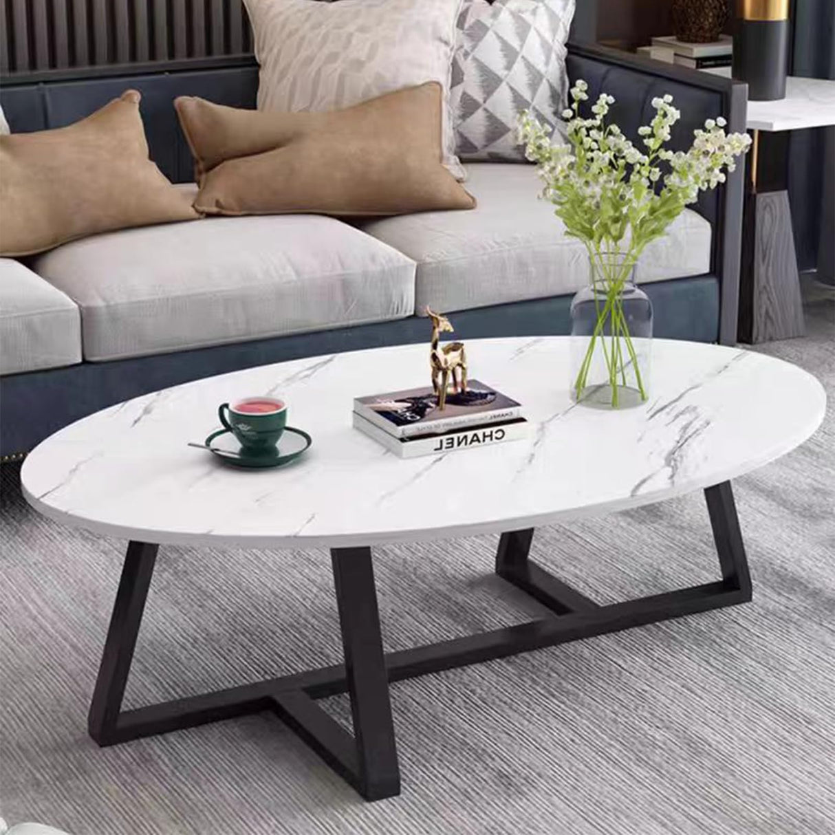 Wolawu Coffee Table White Faux Marble Coffee Table for Living Room,Oval Modern Center Table Tea Table for Small Space,Wooden Living Room Tables End Table with Sturdy Black Metal Leg Wolawu