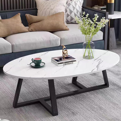 Wolawu Coffee Table White Faux Marble Coffee Table for Living Room,Oval Modern Center Table Tea Table for Small Space,Wooden Living Room Tables End Table with Sturdy Black Metal Leg