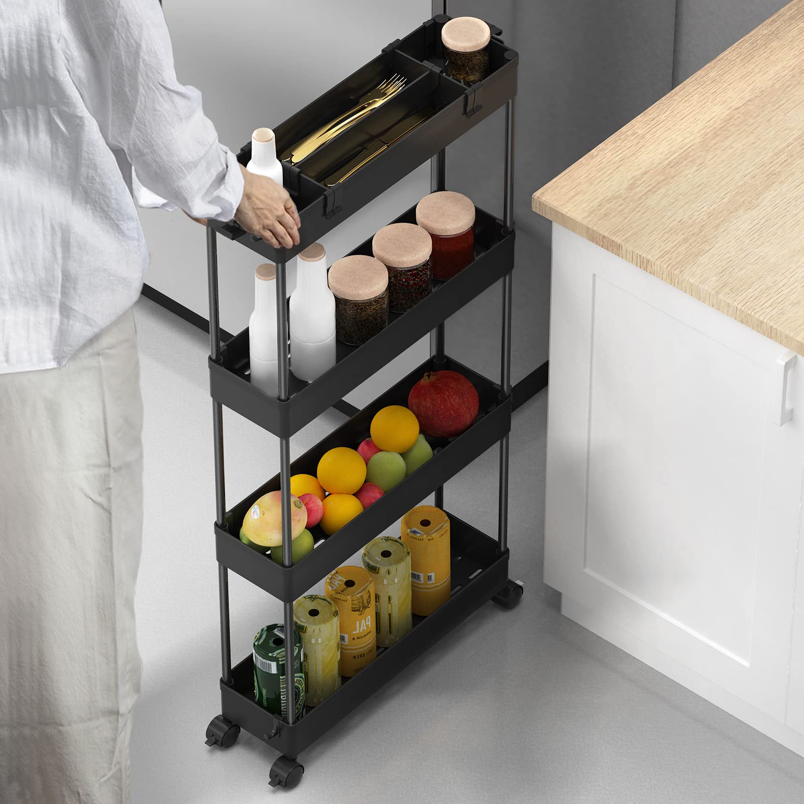 SPACELEAD Slim Storage Cart 4 Tier, Storage Organizer Rolling Utility/ Mobile Shelving Unit Slide Out Storage Cart for Office, Bathroom, Kitchen, Laundry Room & Narrow Places， Black - WoodArtSupply