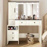 elifine Vanity with Lighted Mirror - Farmhouse Makeup Vanity Desk with 4 Drawers, 1 Cabinet and Power Outlet, 3 Color Lighting Modes Adjustable Brightness elifine