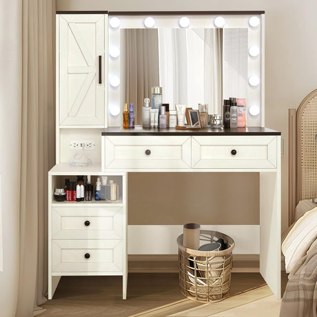 elifine Vanity with Lighted Mirror - Farmhouse Makeup Vanity Desk with 4 Drawers, 1 Cabinet and Power Outlet, 3 Color Lighting Modes Adjustable Brightness elifine