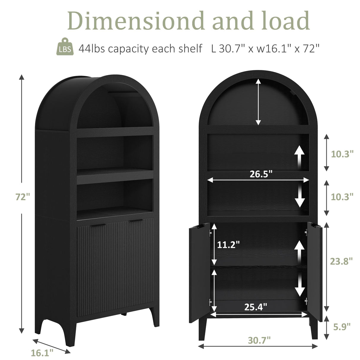 Arched Cabinet Bookshelf Black Arch Bookcase with Doors, Wooden Curved Book Case 5-Tier Tall Round Top Bookshelves for Living Room blini