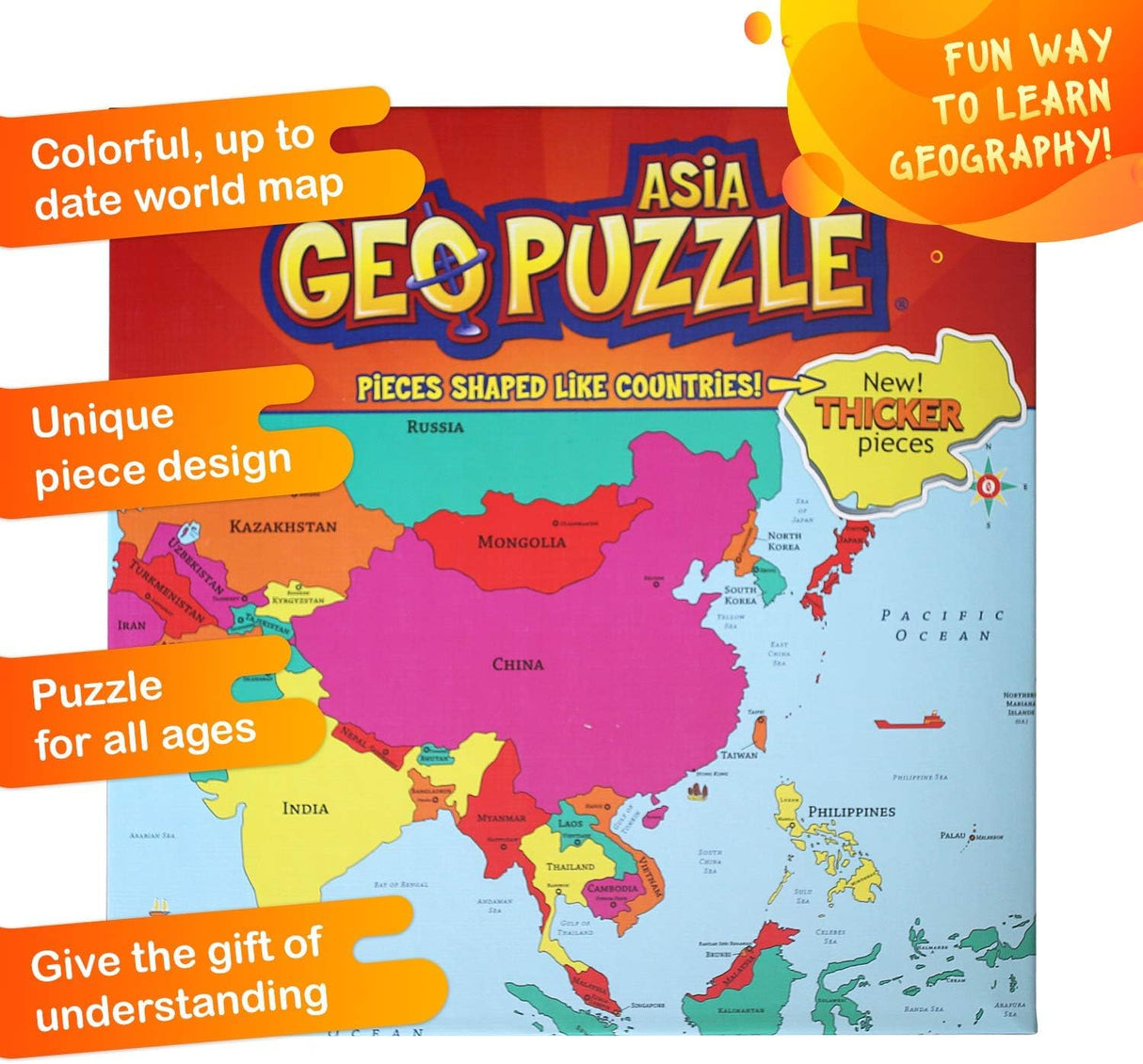 GeoToys GeoPuzzle, Asia Shaped Jigsaw Puzzles, 50 Pc Geography Puzzle, Geography Game & Map Puzzle, Jigsaw Puzzles for Kids Ages 6-9 Years Old Geotoys