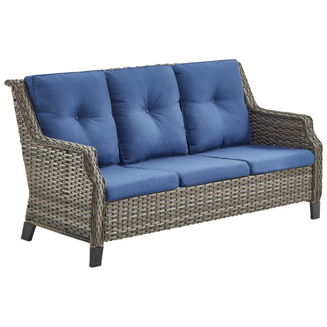 Bellefurn Patio Sofa Couch Outdoor Wicker Sofa PE Rattan 3-Seat Couch with Curved Armest Water Resistant Cushions for Garden Balcony Sunroom Poolside, Grey Wicker|Blue Cushions, Sofa(1PC) Bellefurn