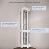 BELLEZE Lighted 3-Side Glass Display Curio Cabinet w/ Tempered Glass Doors and Shelves, Curved Wood Corner Cabinet with Bulb, Corner Storage Rack (White) BELLEZE