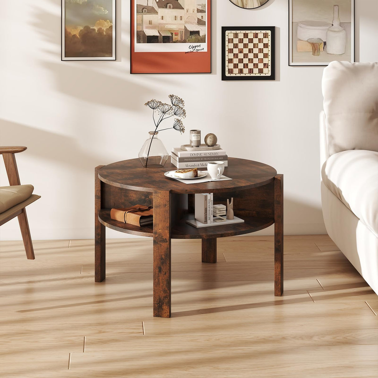 Giantex Round Coffee Table, 2-Tier Mid Century Modern Tea Cocktail Table with Storage Shelves & 4 Side Compartments, Wood Center Table for Living Room, Small Spaces (Rustic Brown) Giantex