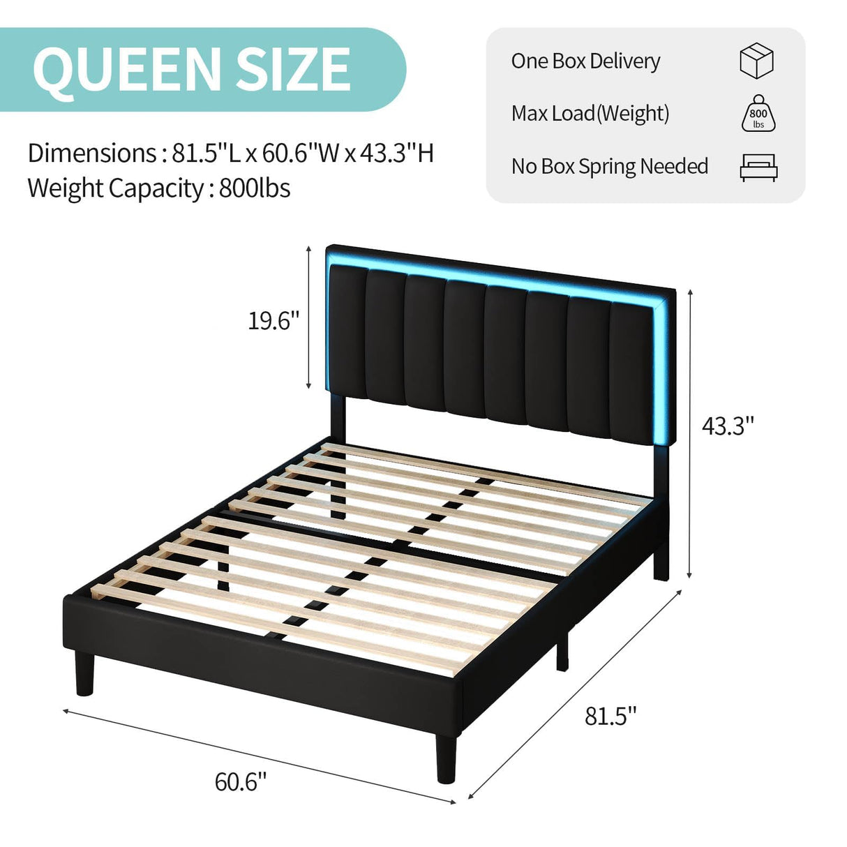IMMERSTABLE Queen Bed Frame with LED Lights, Upholstered Bed Frame Queen Size with Headboard, Heavy Duty Wood and Metal Slats Support, Noise-Free, No Box Spring Needed, Easy Assembly, Black IMMERSTABLE