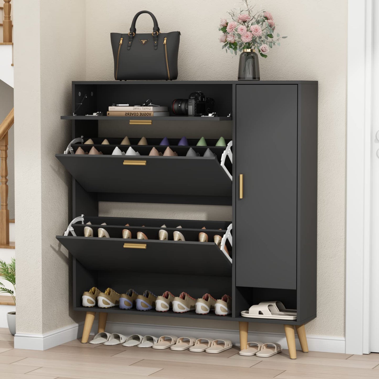 Gyfimoie Shoe Rack Cabinet, Free Standing Shoes Storage Organizer Cabinet with 2 Flip Drawers, Entryway Narrow Shoe Rack Storage with Doors for Entryway