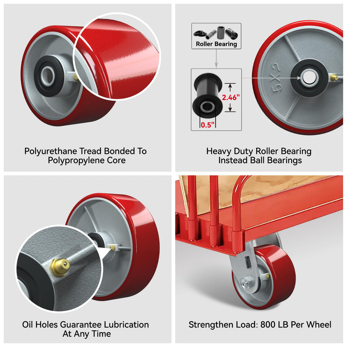 LONGRUNFORU 6" x 2" Polyurethane on cast Iron Wheel, Roller Bearing-1/2" Bore, Set of 4 Heavy Duty Caster Wheels with 4800 lbs Capacity (4 Pack) LONGRUNFORU