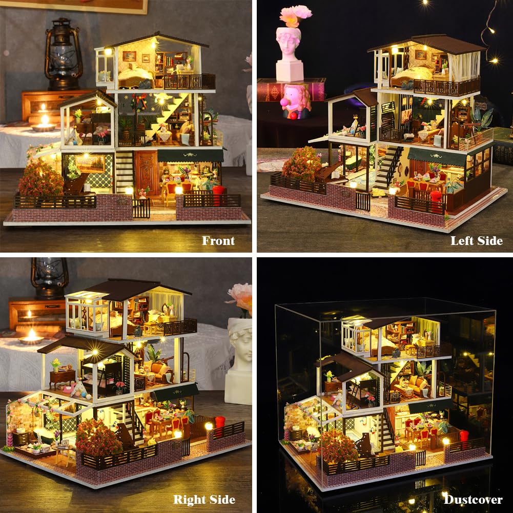 Yuzhen DIY Miniature Dollhouse with Furniture and LED Lights, European Style Villa Wooden Dollhouse Includes Dustcover and Music Movement, Exquisite Home Decor - WoodArtSupply