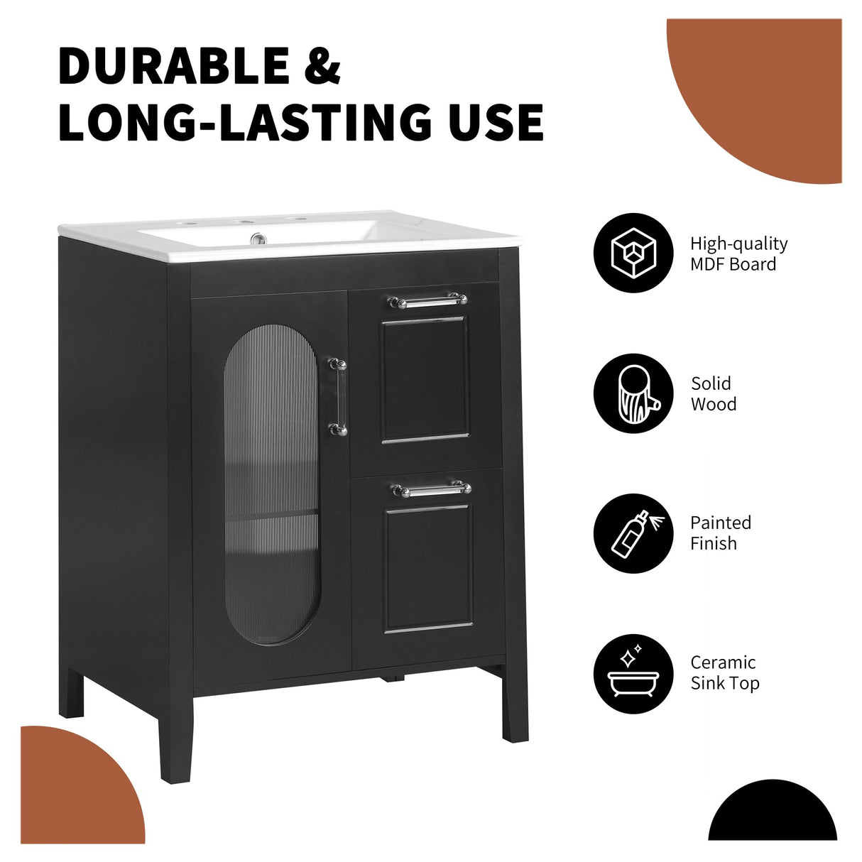 Harper & Bright Designs 24" Bathroom Vanity with Sink, Free Standing Single Basin Vanity Set with Two Drawers and Glass Door, Modern Wooden Bathroom Cabinet with Ceramic Basin for Bathroom, Black Harper & Bright Designs