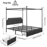 Keyluv King Upholstered Canopy Bed Frame with 3 Drawers and Button Tufted Headboard Metal Platform Bed with 4 Removable Posts Two-Purpose Velvet Bed No Box Spring Needed Dark Grey/Curtain Not Included Keyluv