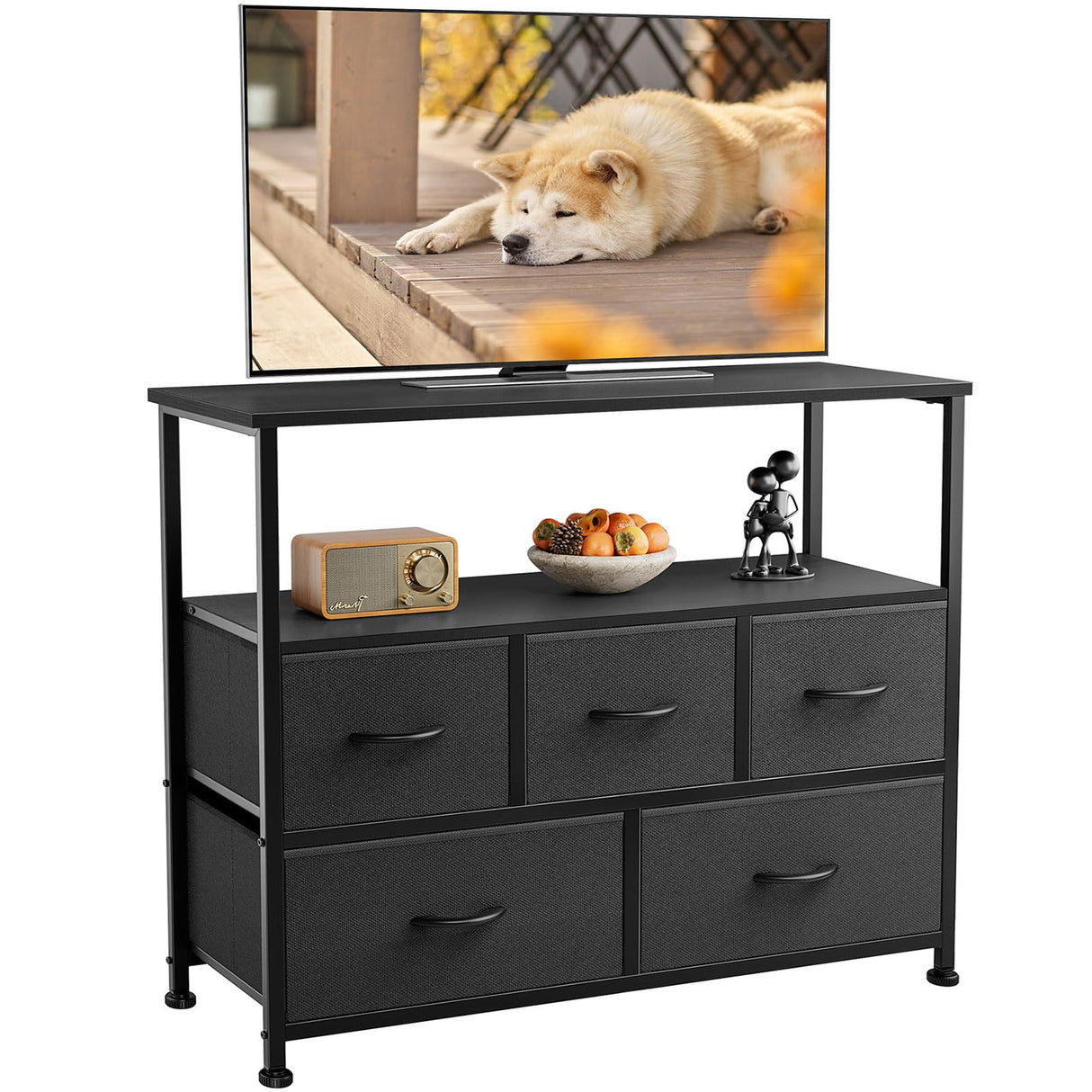 DUMOS TV Stand Dresser for Bedroom with 5 Fabric Drawer,Entertainment Center for 45 inch Television, Media Console Table with Storage, Open Shelf, Adjustable Feet, Living Room Furniture, Black DUMOS