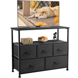 DUMOS TV Stand Dresser for Bedroom with 5 Fabric Drawer,Entertainment Center for 45 inch Television, Media Console Table with Storage, Open Shelf, Adjustable Feet, Living Room Furniture, Black DUMOS