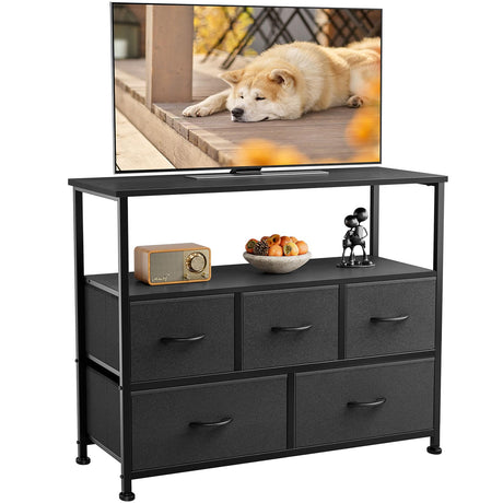 DUMOS TV Stand Dresser for Bedroom with 5 Fabric Drawer,Entertainment Center for 45 inch Television, Media Console Table with Storage, Open Shelf, Adjustable Feet, Living Room Furniture, Black DUMOS
