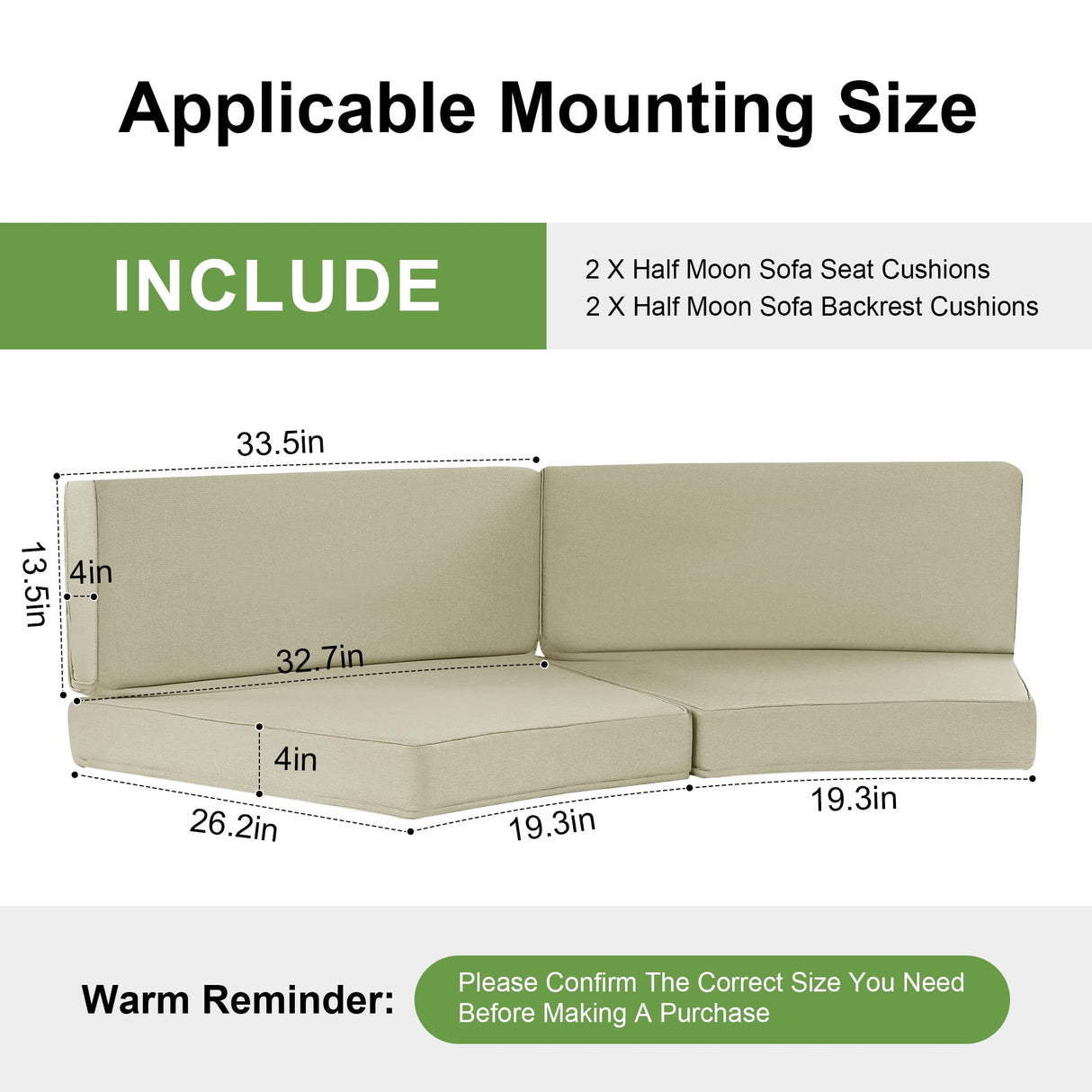 MABOZOO 2-Piece Outdoor Curved Cushions for Half-Moon Patio Furniture, Premium Comfort Half-Moon Patio Cushion for Wicker Sectional Sofa (Beige) MABOZOO