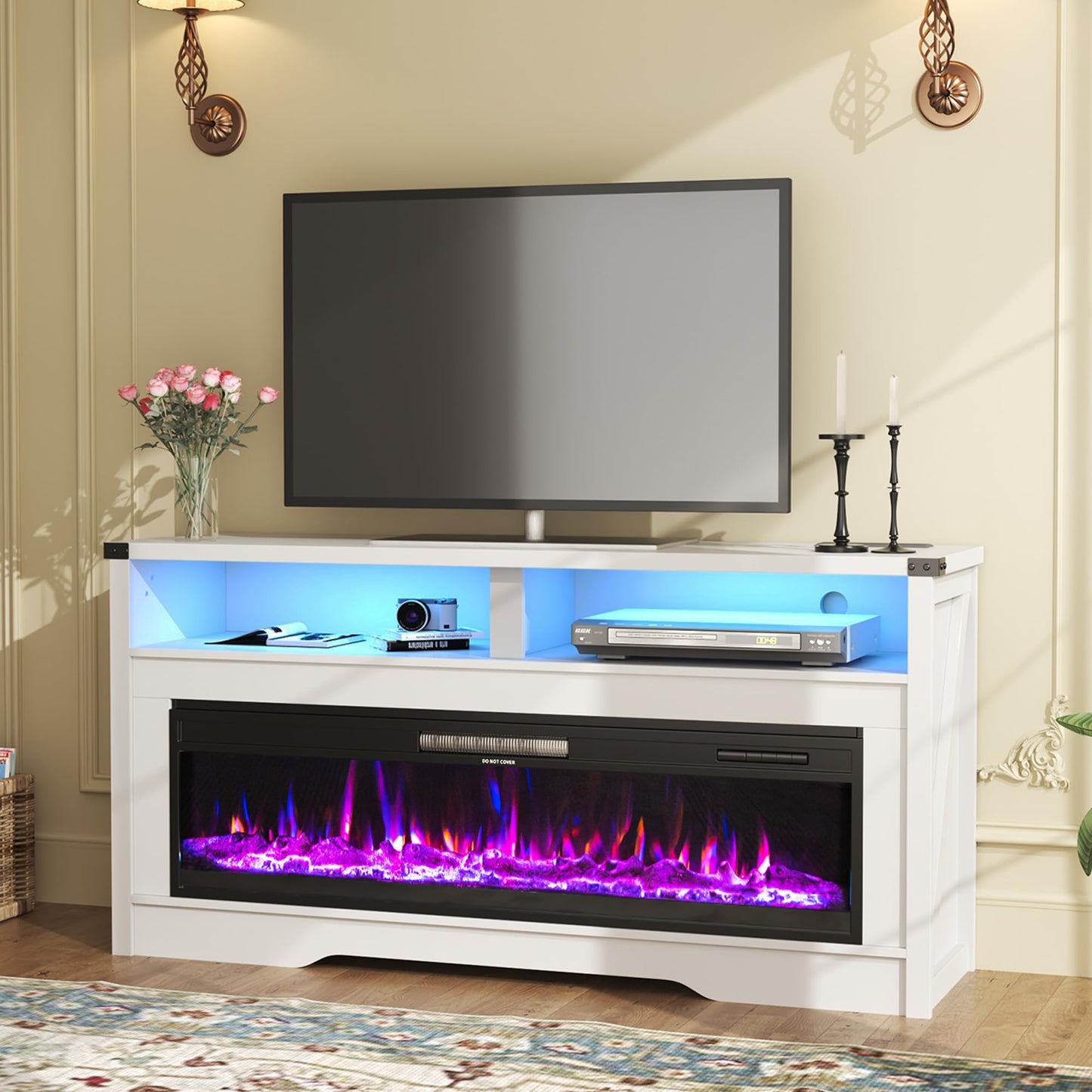 Fireplace TV Stand, Wood Texture 50" Electric Fireplace with Highlight Storage Cabinet, LED Light Entertainment Center, for TVs Up to 65"(WHITE) - WoodArtSupply